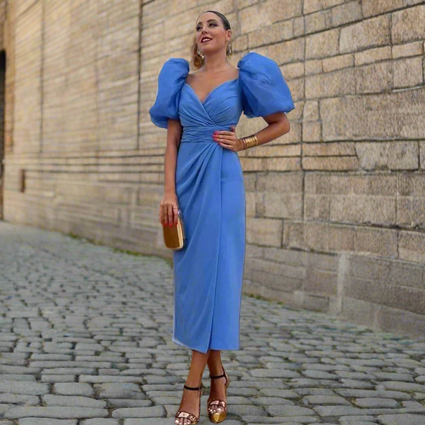 Puffy Sleeves Pleated Side Cut Out Dress