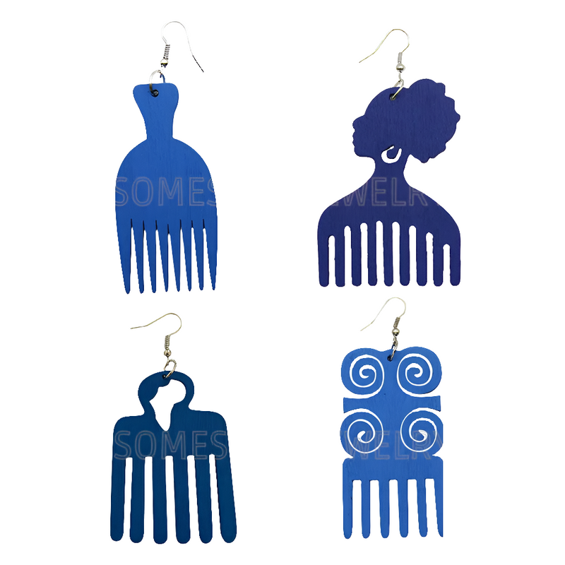 4 Styles Colorful African Comb Wooden Drop Earrings