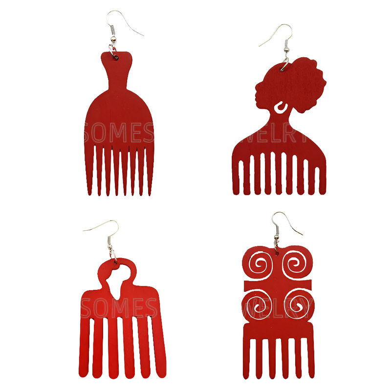 4 Styles Colorful African Comb Wooden Drop Earrings