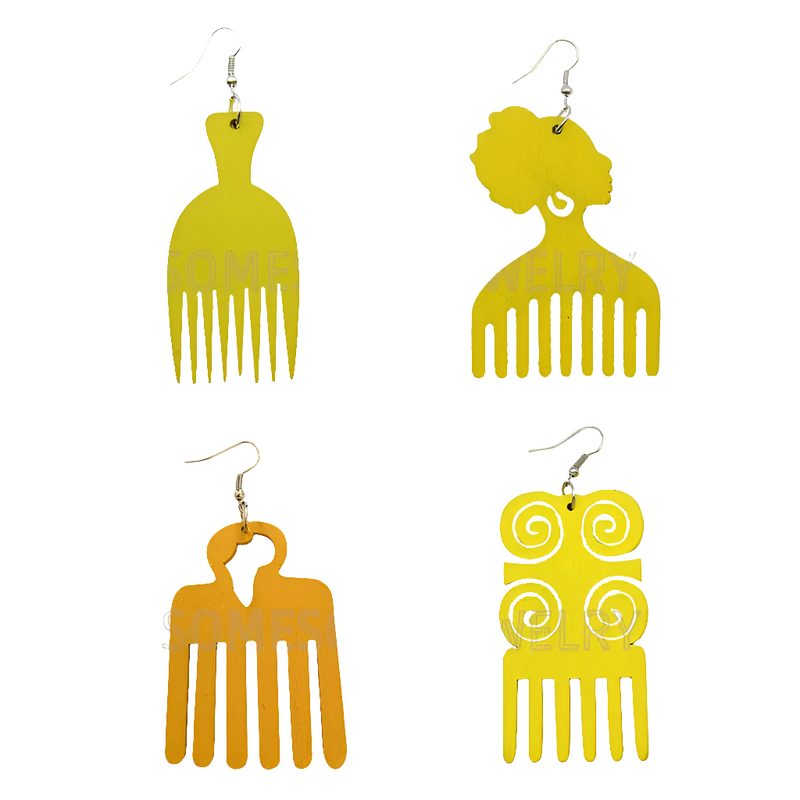 4 Styles Colorful African Comb Wooden Drop Earrings