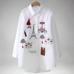 New White Button Long Sleeve Cotton Blouse Embroidery