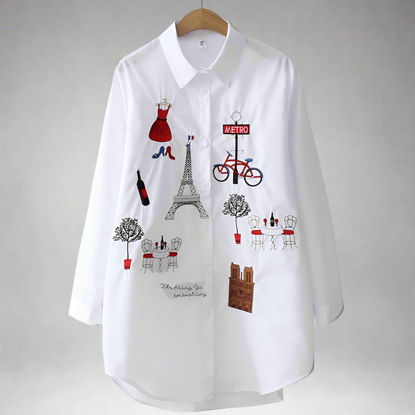 New White Button Long Sleeve Cotton Blouse Embroidery