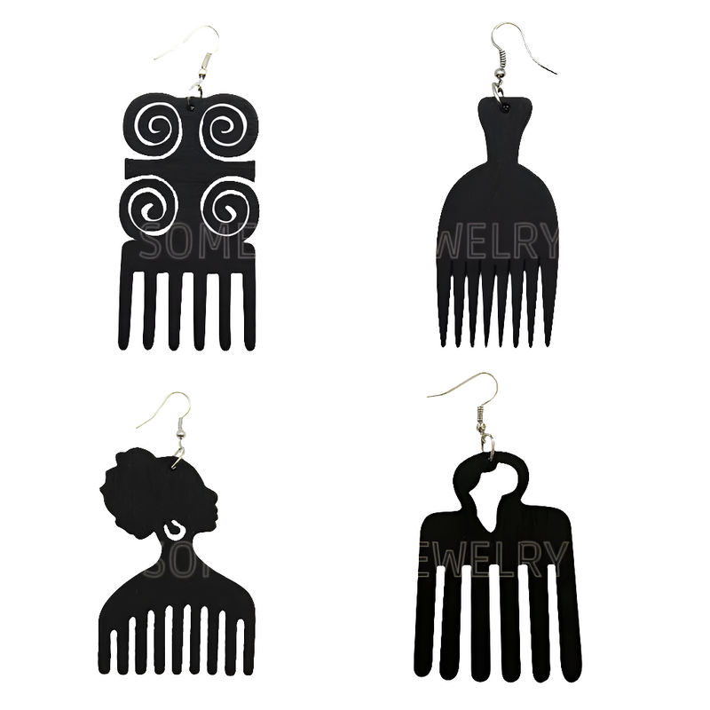 4 Styles Colorful African Comb Wooden Drop Earrings