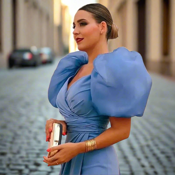Puffy Sleeves Pleated Side Cut Out Dress