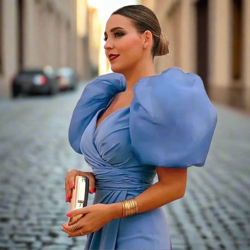 Puffy Sleeves Pleated Side Cut Out Dress