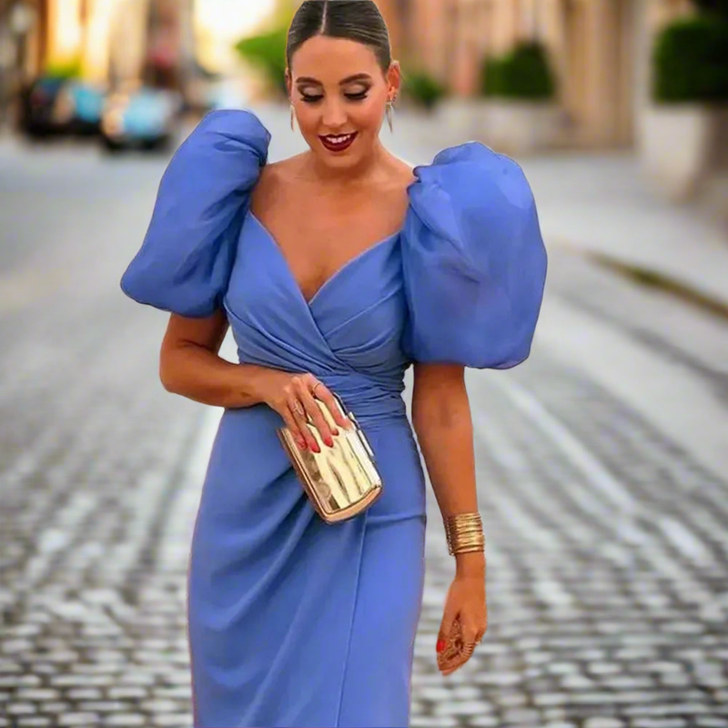 Puffy Sleeves Pleated Side Cut Out Dress