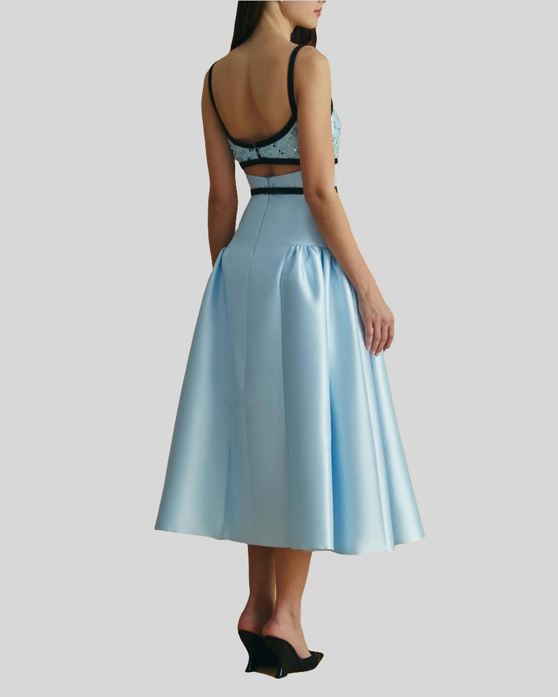 Blue Satin Square Collar Spaghetti Straps Sleeveless Dress