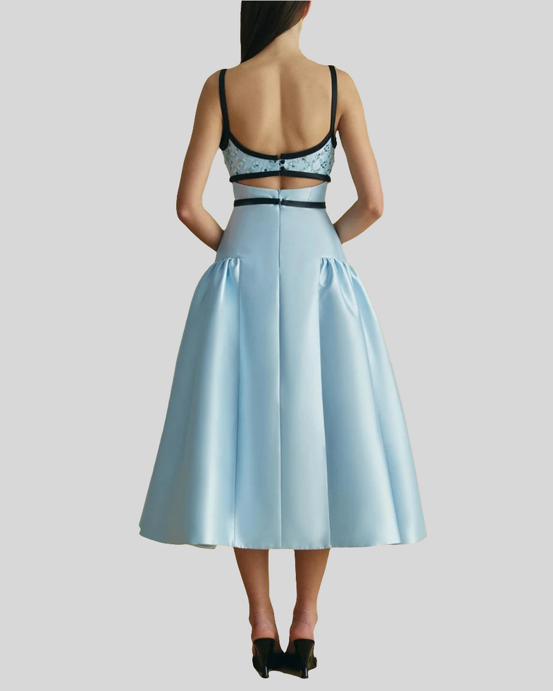 Blue Satin Square Collar Spaghetti Straps Sleeveless Dress