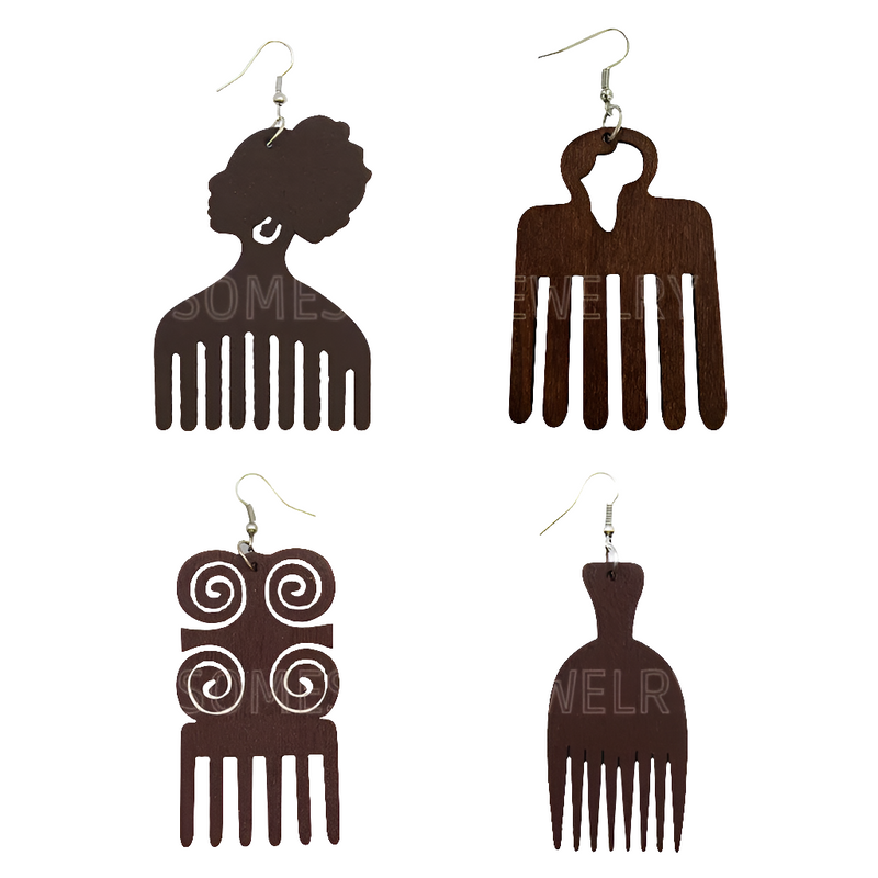 4 Styles Colorful African Comb Wooden Drop Earrings