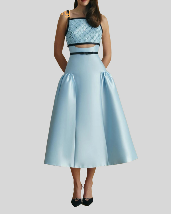 Blue Satin Square Collar Spaghetti Straps Sleeveless Dress