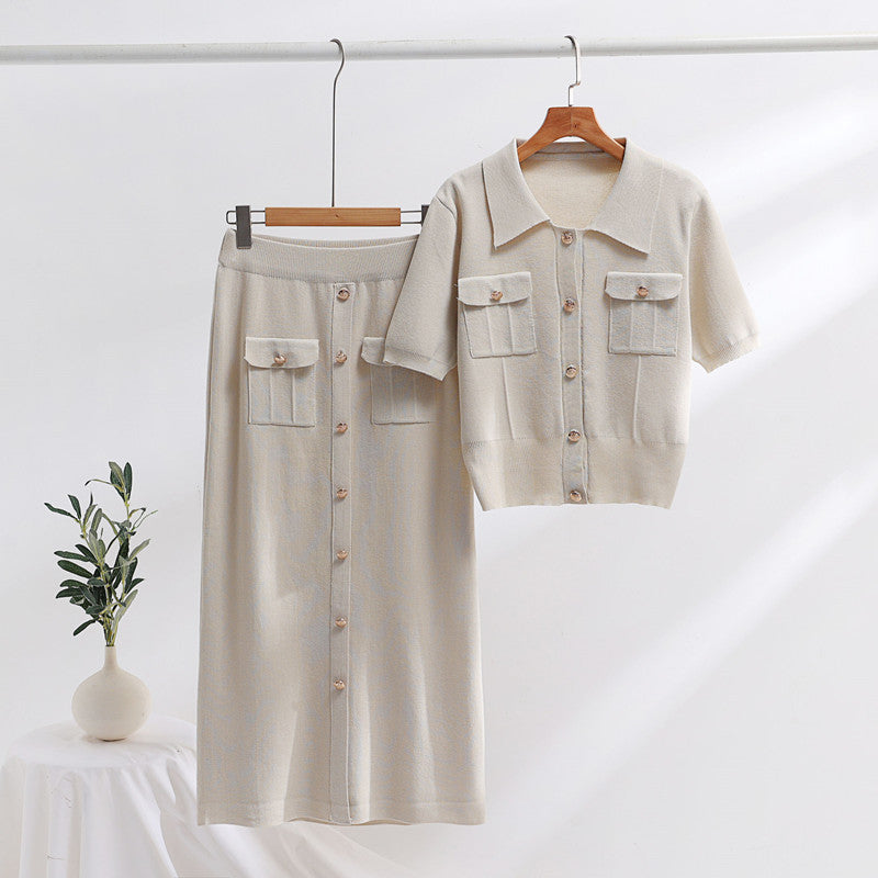 Polo Collar Sweater With Short Sleeves Skirt Knitted Two-piece