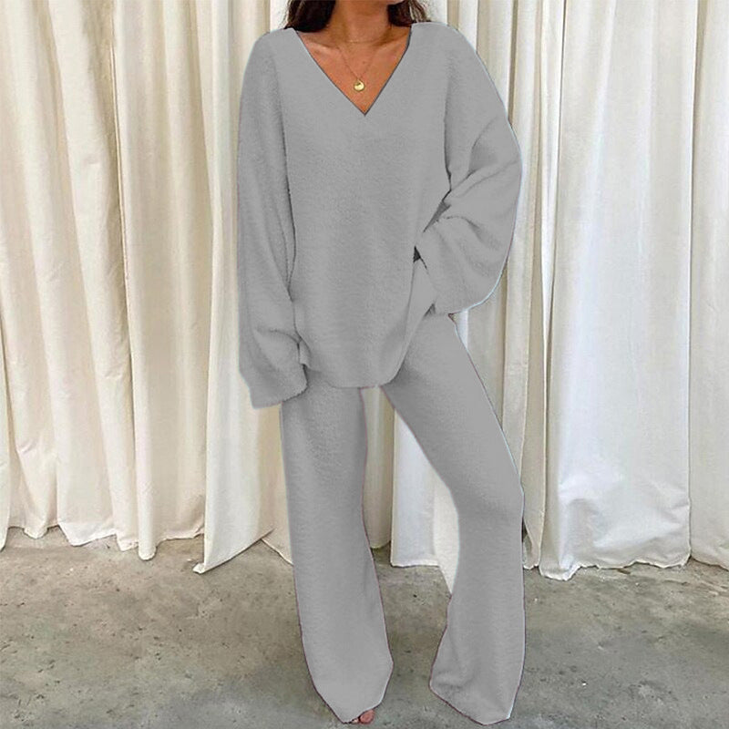 Solid V-Neck Casual Daily Home Warmer Two-Piece Set