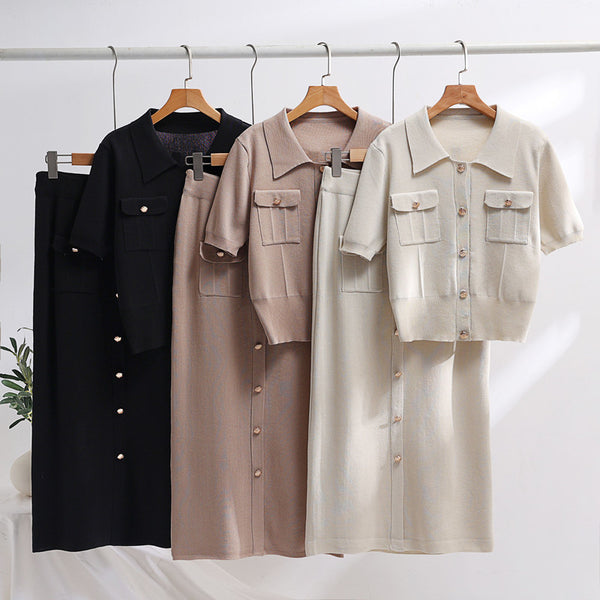 Polo Collar Sweater With Short Sleeves Skirt Knitted Two-piece