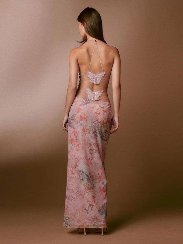 Floral Halter Spaghetti Straps Slim Butterfly Back Dress