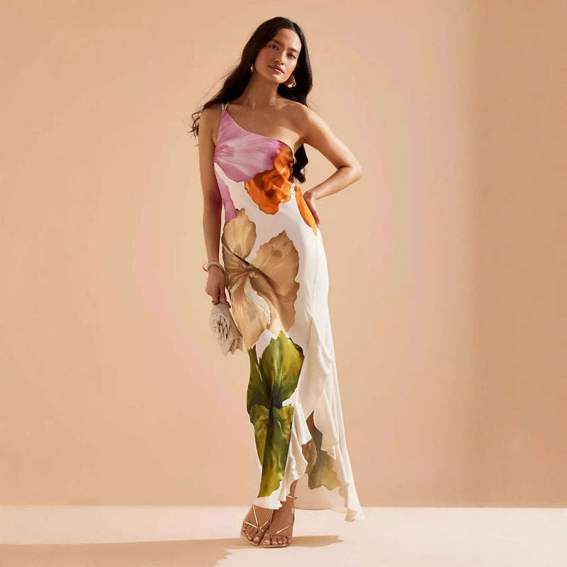 Spring And Summer Oblique Shoulder Dress