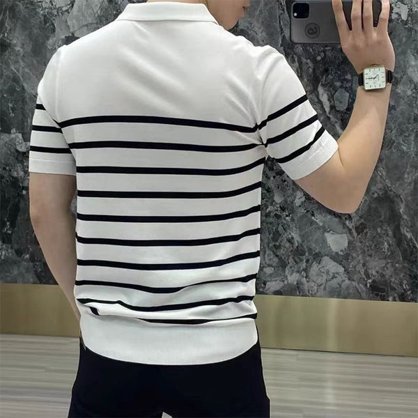 Lightly Striped Lapel Knitted T-shirt