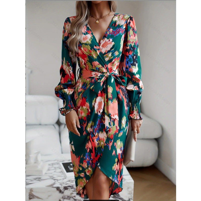 Artistic Retro V-neck Long Sleeved Dress