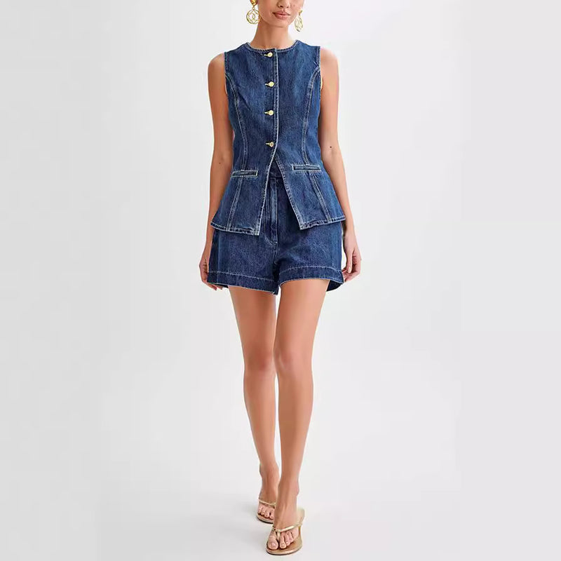 Denim Casual Sleeveless Women's Suit