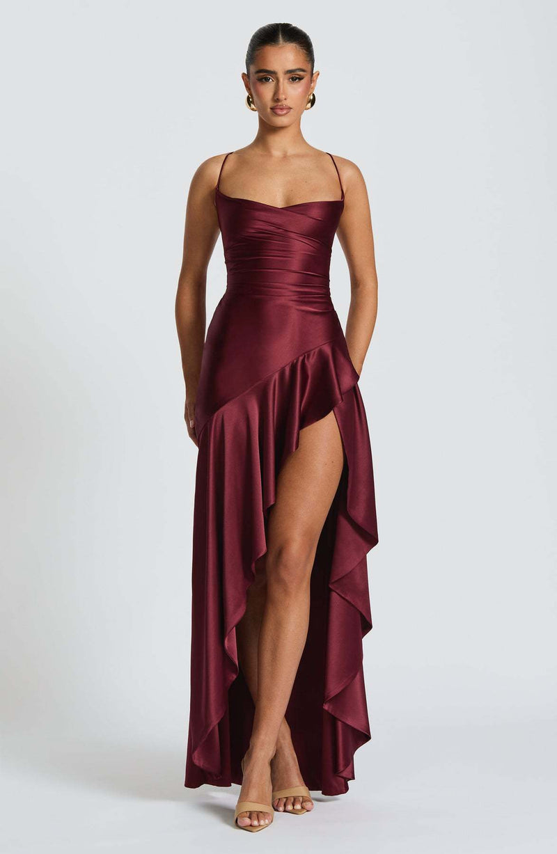Backless Ruffles Irregular Split Suspender Dress