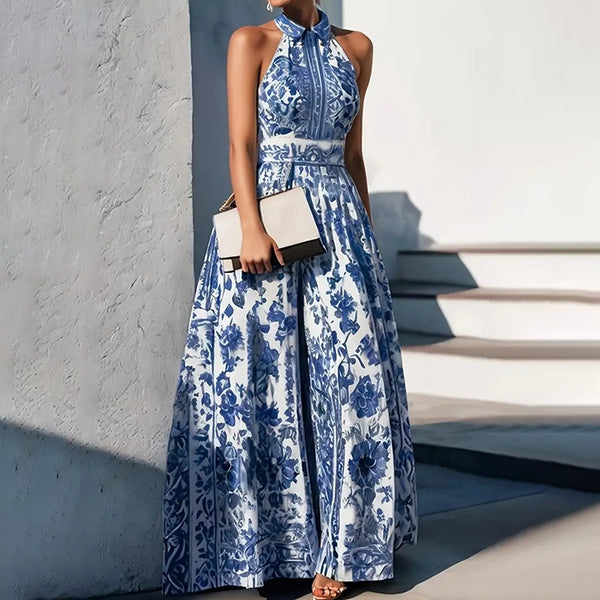 Floral Print Halter Neck Tie-Waist A-Line Summer Dress