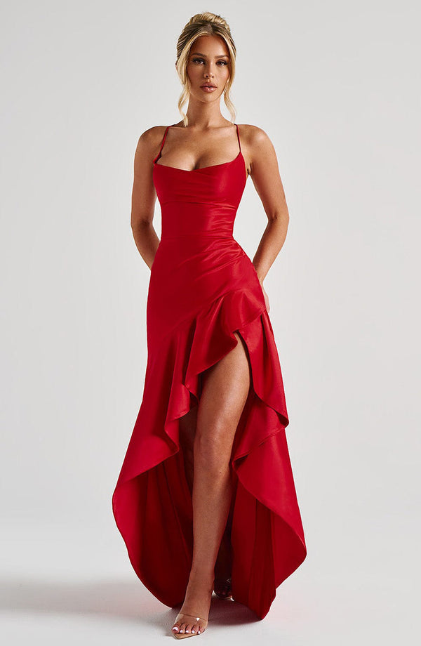 Backless Ruffles Irregular Split Suspender Dress