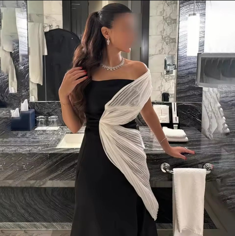 CAMINA Pleat Ruched Draped A-line One-shoulder Long Dress