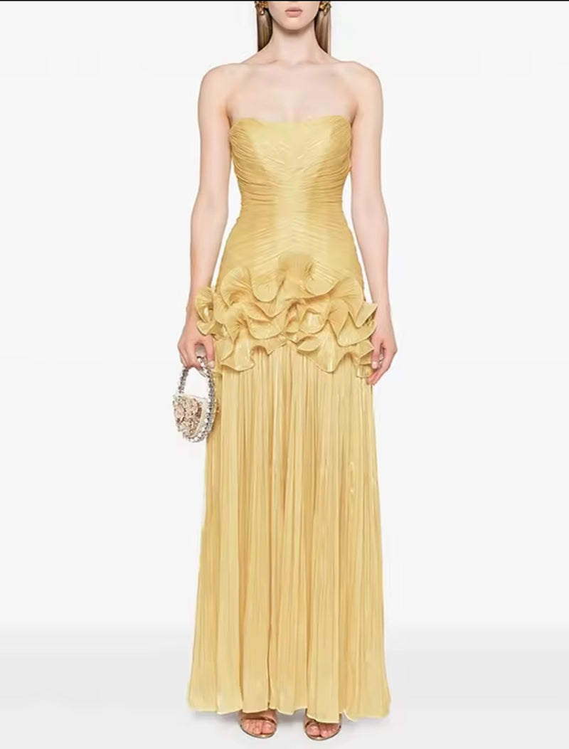 Spliced Fungus Strapless Sleeveless Patchwork Folds Dress