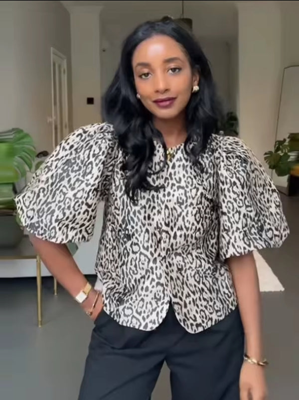 Casual Bubble Sleeve Shirt Round Neck Button