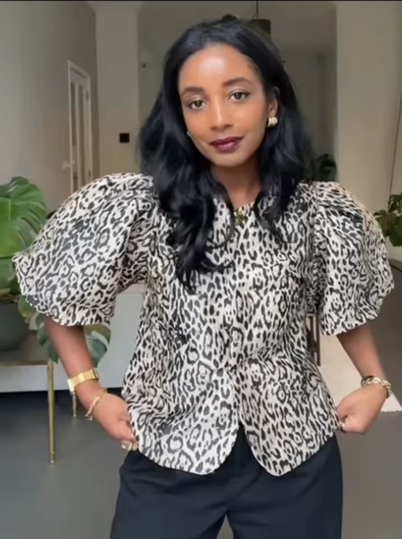 Casual Bubble Sleeve Shirt Round Neck Button