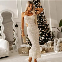 Sequin Spaghetti Strap Beads Hollow Out Sleeveless Skinny Dress